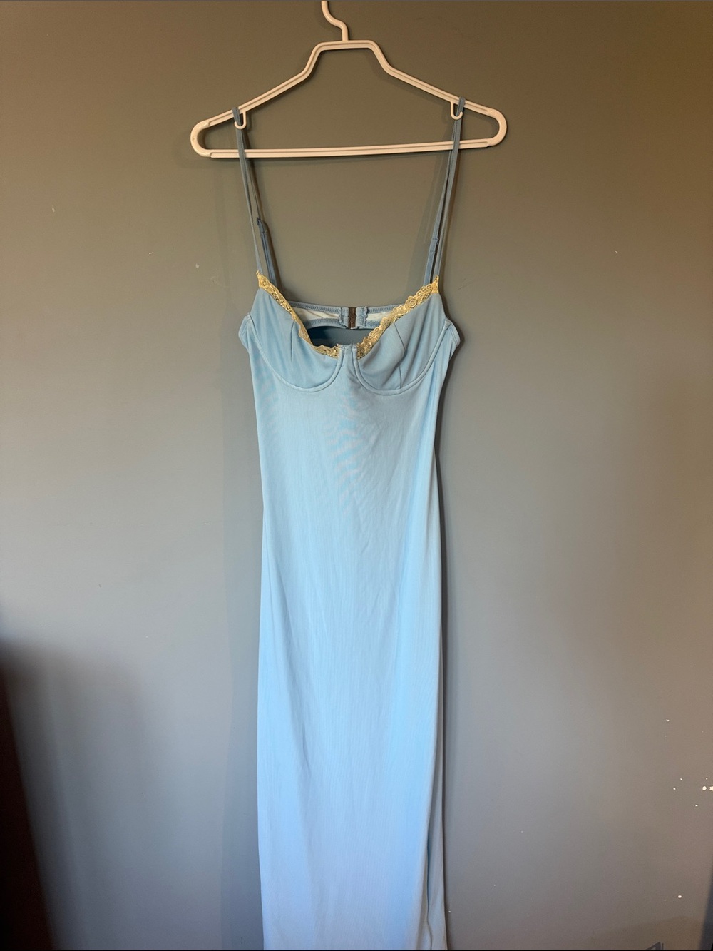 Light Blue Slip Dress with Gold Lace Trim